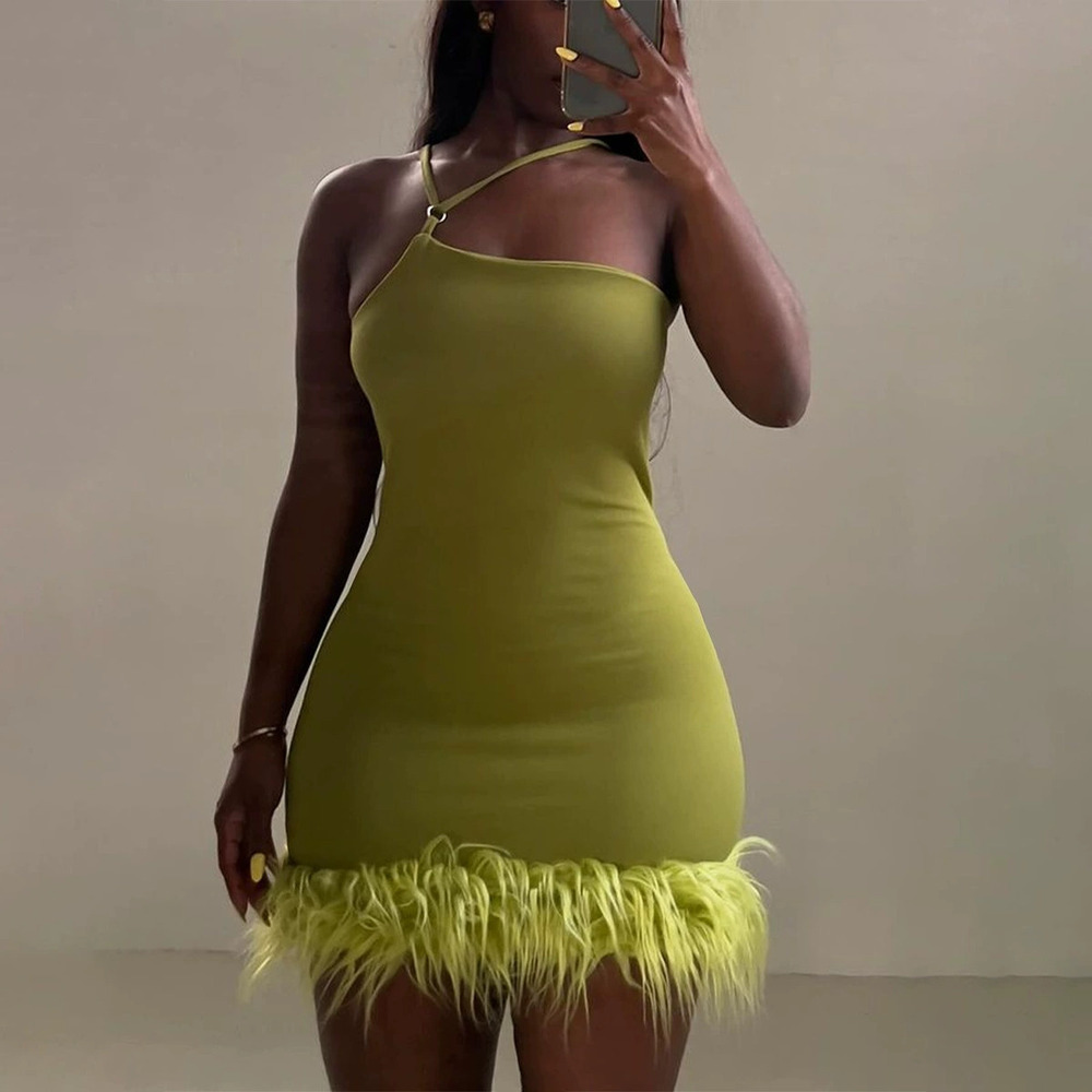 Forever 21 Bodycon Short Dress with Fur Hem One Shoulder Halter Neck